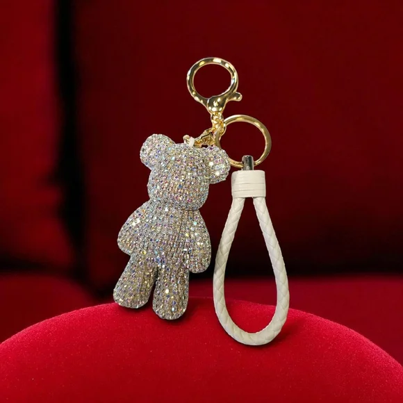 SALE!! Sparkling Bear Handbag Charm/Keychain with White Braided Loop - Picture 1 of 4